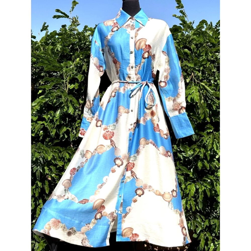 Caroline Constas Sea Shell Print Midi Dress Small Blue White Beach Coastal NWT